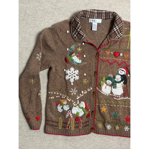 Christmas Sweater Cardigan Brown Wool Blend Plaid Collar Sz L Kikit Cottage Vtg - Picture 2 of 8